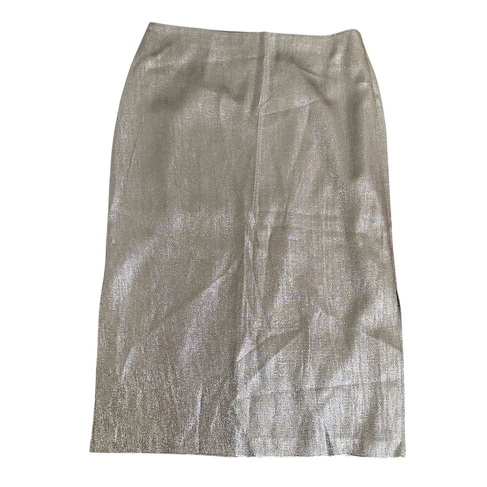 Club‎ Monaco Silver Metallic Midi Length Pencil Skirt Side Zipper + Slits 12 NWT